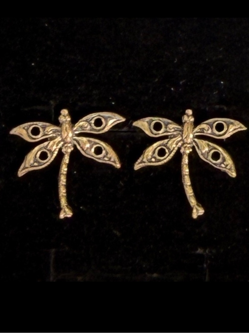 Vintage antique style, aged goldtone Dragonfly Pierced Stud Earrings